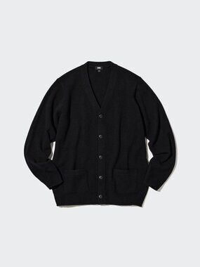 Unisex Uniqlo Lambs Wool Black Japan Cardigan Button Sweater V Neck US L Large